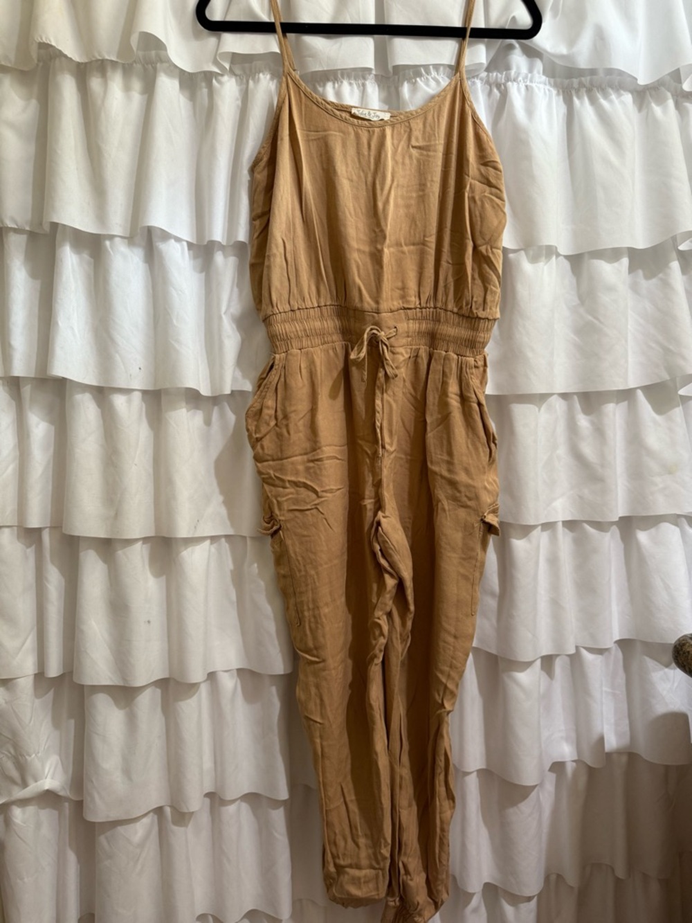 Relaxed Camel Drawstring Jumpsuit with Spaghetti Straps